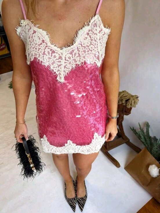 Dresses & Skirts - Women Y2K Sequin Slip Dress Lace Trim Spaghetti Strap Going Out Party Club Mini